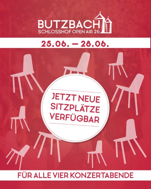 𝐁𝐮𝐭𝐳𝐛𝐚𝐜𝐡 𝐒𝐜𝐡𝐥𝐨𝐬𝐬𝐡𝐨𝐟 𝐎𝐩𝐞𝐧 𝐀𝐢𝐫: 𝐍𝐞𝐮𝐞𝐬 𝐒𝐢𝐭𝐳𝐩𝐥𝐚𝐭𝐳𝐤𝐨𝐧𝐭𝐢𝐧𝐠𝐞𝐧𝐭 𝐟ü𝐫 𝐚𝐥𝐥𝐞 𝐊𝐨𝐧𝐳𝐞𝐫𝐭𝐚𝐛𝐞𝐧𝐝𝐞 𝐟𝐫𝐞𝐢𝐠𝐞𝐬𝐜𝐡𝐚𝐥𝐭𝐞𝐭!
Aufgrund der hohen Nachfrage nach Tickets für das diesjährige Butzbach Schlosshof Open Air wird das Sitzplatzangebot erweitert. Ab sofort steht für alle vier Konzertabende ein zusätzliches Sitzplatzkontingent zur Verfügung. Damit reagiert der Veranstalter auf das große Interesse vieler Besucherinnen und Besucher.
Die Konzertreihe im historischen Schlosshof zählt seit Jahren zu den kulturellen Höhepunkten des Sommers in Butzbach und bietet auch 2026 wieder ein abwechslungsreiches Programm mit internationalen und nationalen Künstlerinnen und Künstlern.
Den Auftakt macht am 25. Juni die US-amerikanische Sängerin Anastacia, die mit ihrer markanten Stimme und zahlreichen Welthits weltweit bekannt wurde. Am 26. Juni folgt Giovanni Zarrella, der mit seiner großen Band italienisches Lebensgefühl und moderne Pop- und Schlagereinflüsse auf die Bühne bringt. Einen Tag später, am 27. Juni, gastiert mit Jethro Tull eine der prägendsten Bands der Progressive-Rock-Geschichte im Schlosshof. Den Abschluss bildet am 28. Juni ein besonderes Doppelkonzert mit Gregor Meyle und SOPHIA, die gemeinsam einen emotionalen Sommerabend zwischen Singer-Songwriter-Pop und gefühlvollen Balladen gestalten werden.
𝐍𝐞𝐛𝐞𝐧 𝐝𝐞𝐧 𝐧𝐞𝐮 𝐯𝐞𝐫𝐟ü𝐠𝐛𝐚𝐫𝐞𝐧 𝐒𝐢𝐭𝐳𝐩𝐥𝐚𝐭𝐳𝐤𝐚𝐫𝐭𝐞𝐧 𝐛𝐥𝐞𝐢𝐛𝐞𝐧 𝐬𝐞𝐥𝐛𝐬𝐭𝐯𝐞𝐫𝐬𝐭ä𝐧𝐝𝐥𝐢𝐜𝐡 𝐰𝐞𝐢𝐭𝐞𝐫𝐡𝐢𝐧 𝐒𝐭𝐞𝐡𝐩𝐥𝐚𝐭𝐳-𝐓𝐢𝐜𝐤𝐞𝐭𝐬 𝐢𝐦 𝐕𝐨𝐫𝐯𝐞𝐫𝐤𝐚𝐮𝐟 𝐞𝐫𝐡ä𝐥𝐭𝐥𝐢𝐜𝐡.
Tickets für alle Konzerte des Butzbach Schlosshof Open Air 2026 sind an den bekannten Vorverkaufsstellen sowie online unter www.butzbach-openair.de erhältlich.