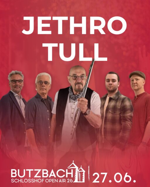 🎸 Zwischen Rock, Folk und Prog erschaffen Jethro Tull ihren ganz eigenen Sound – unverwechselbar, zeitlos und voller Energie.

Mit ikonischen Flötenklängen und Songs, die Generationen verbinden, nehmen sie ihr Publikum mit auf eine musikalische Reise fernab vom Mainstream. ✨

Ein Sound, der bleibt. Eine Band, die Geschichte geschrieben hat.

27.06.2026 | Butzbach Schlosshof Open Air

🎟️ 𝐓𝐢𝐜𝐤𝐞𝐭𝐬:
https://butzbach-openair.reservix.de/events

Ticket-Hotline: +49 (0) 64 53 - 91 24 70 oder 06404 – 506 998 55*
*(0,20 € aus dem dt. Festnetz / 0,60 € aus dem Mobilfunknetz)