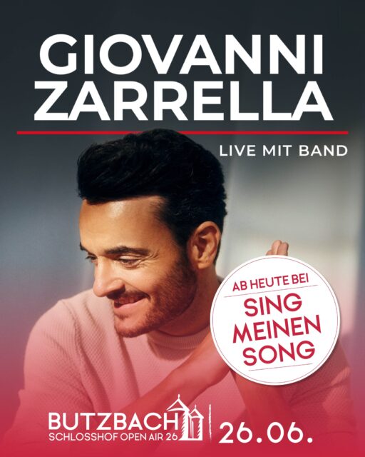 𝐀𝐛 𝐡𝐞𝐮𝐭𝐞 𝐢𝐬𝐭 𝐆𝐢𝐨𝐯𝐚𝐧𝐧𝐢 𝐙𝐚𝐫𝐫𝐞𝐥𝐥𝐚 𝐛𝐞𝐢 „𝐒𝐢𝐧𝐠 𝐦𝐞𝐢𝐧𝐞𝐧 𝐒𝐨𝐧𝐠“ 𝐳𝐮 𝐬𝐞𝐡𝐞𝐧! �
Der Gastgeber unserer italienischen Sommernacht beim Butzbach Schlosshof Open Air 2026 zeigt sich heute von einer ganz besonderen musikalischen Seite. 💛🇮🇹�
Natürlich schauen wir rein, und jetzt wollen wir von euch wissen:�
👉 Ihr auch ?�
Und falls ihr Giovanni nicht nur im TV, sondern live bei uns erleben wollt:
🎟️ Tickets für das Butzbacher Schlosshof Open Air mit Giovanni Zarrella gibt es hier:
�Online: butzbach-openair.de
Ticket-Hotline: +49 (0) 64 53 - 91 24 70 oder 06404 – 506 998 55*
*(0,20 € aus dem dt. Festnetz / 0,60 € aus dem Mobilfunknetz)
Fotocredit: Maximilian Koenig