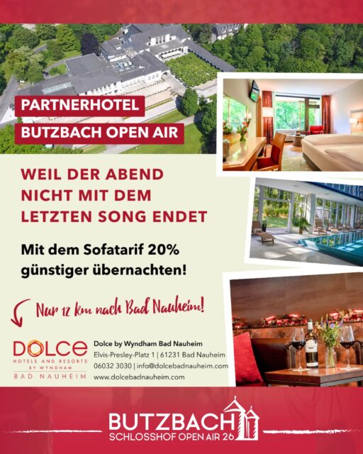 🏨✨ 𝐖𝐢𝐫 𝐟𝐫𝐞𝐮𝐞𝐧 𝐮𝐧𝐬 𝐫𝐢𝐞𝐬𝐢𝐠 ü𝐛𝐞𝐫 𝐞𝐢𝐧𝐞𝐧 𝐭𝐨𝐥𝐥𝐞𝐧 𝐏𝐚𝐫𝐭𝐧𝐞𝐫 𝐚𝐧 𝐮𝐧𝐬𝐞𝐫𝐞𝐫 𝐒𝐞𝐢𝐭𝐞! ✨🏨

Das 𝐃𝐨𝐥𝐜𝐞 𝐛𝐲 𝐖𝐲𝐧𝐝𝐡𝐚𝐦 𝐁𝐚𝐝 𝐍𝐚𝐮𝐡𝐞𝐢𝐦 ist offizieller Hotelpartner des Butzbacher Schlosshof Open Airs! 

Für alle Gäste, die ihren Konzertabend entspannt ausklingen lassen möchten, können wir das Hotel nur wärmstens empfehlen. Perfekt zum Abschalten, Wohlfühlen und den Sommerabend gemütlich ausklingen lassen. ☀️🎶

Wir freuen uns sehr auf die Zusammenarbeit und bedanken uns für die Unterstützung! 🙌

@dolcebadnauheim 

#SchlosshofOpenAir26 #ButzbachOpenAir